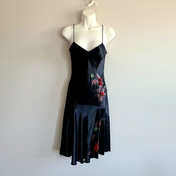 Black silky dress with painted red flowers. - Picture 1 of 11